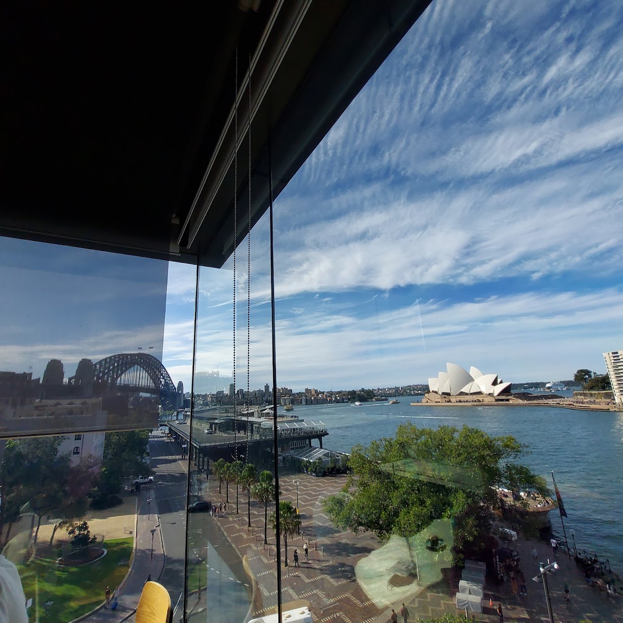 Panoramic harbour view through glass at MCA Cafe